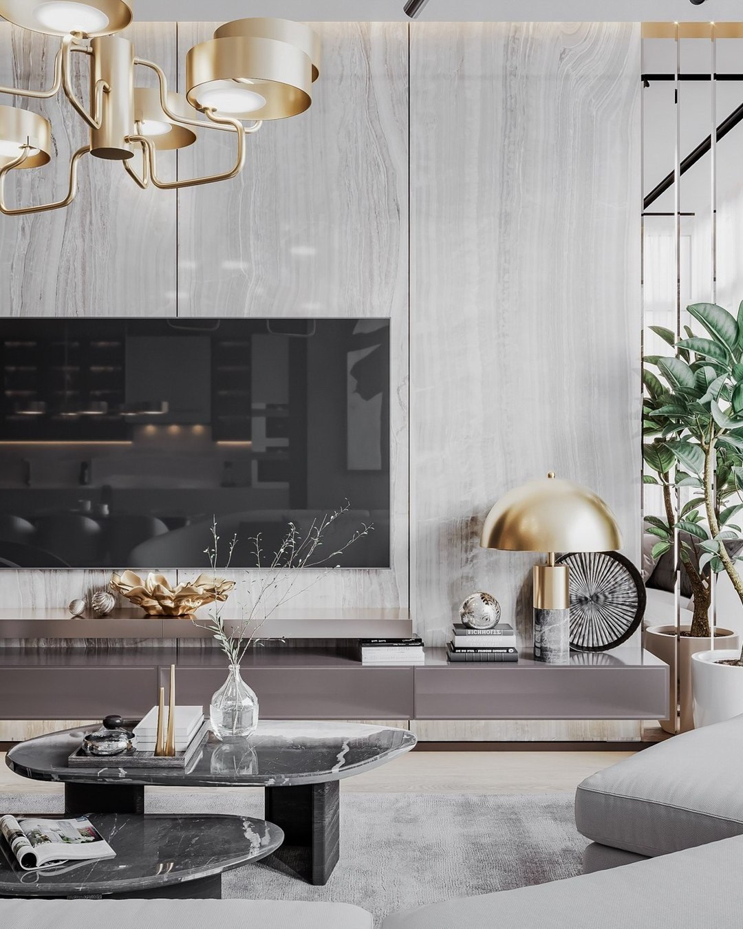 ТВ-зона с мраморной отделкой, золотой лампой и декором | Валерия Котович