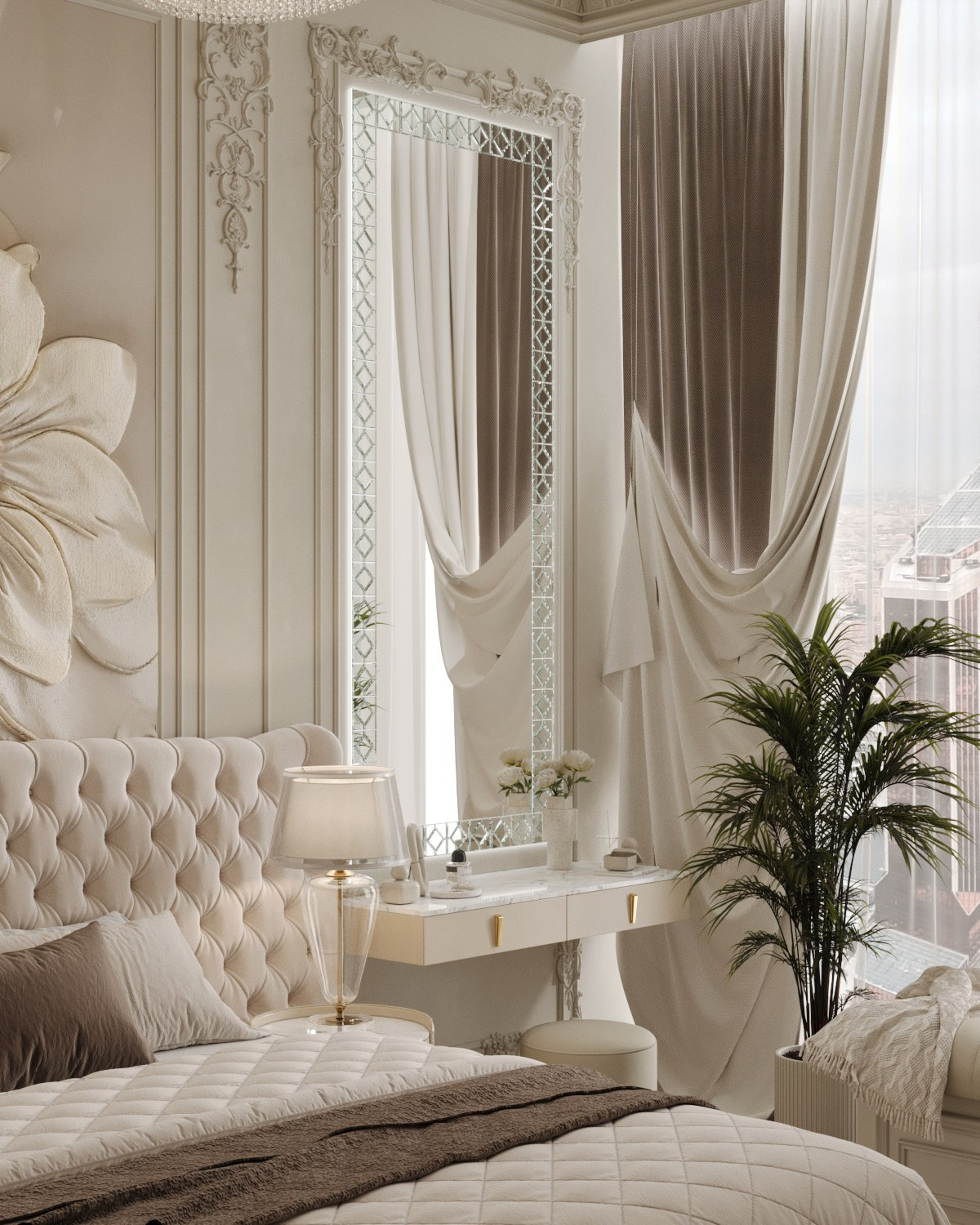 Туалетный столик в спальне, декорированный большим зеркалом с резной рамой в жилом комплексе Москва Сити