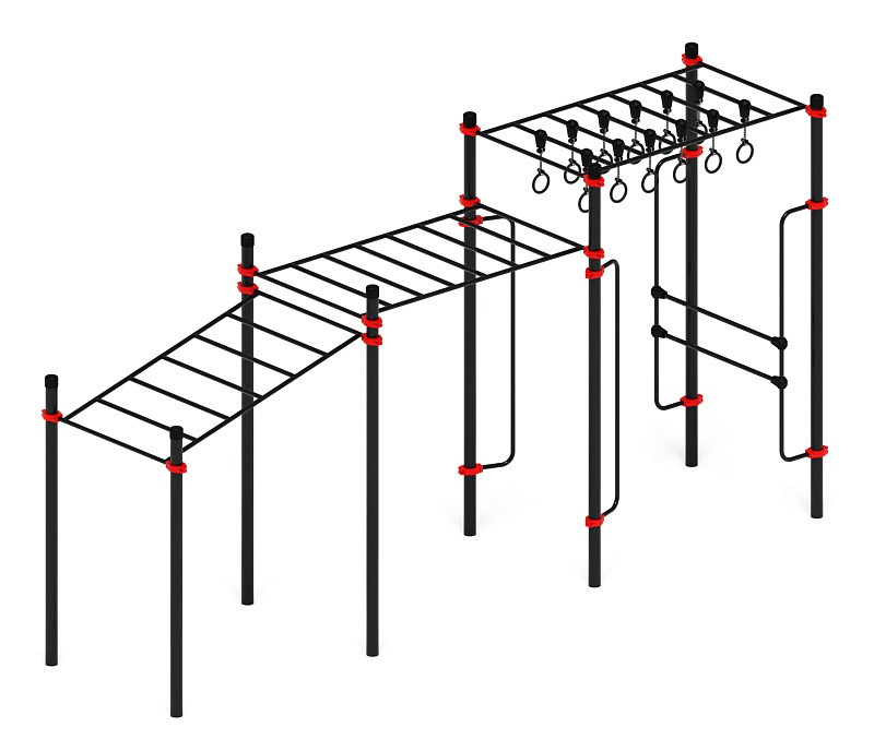 Воркаут 108. Рукоход с изменением высоты (красный) ВТ 02.06-01 Габариты (ШхДхВ):1520х6200х3000 Зона безопасности, мм:4520х9200 Возрастные ограничения от 14 лет, весом не более 100 кг