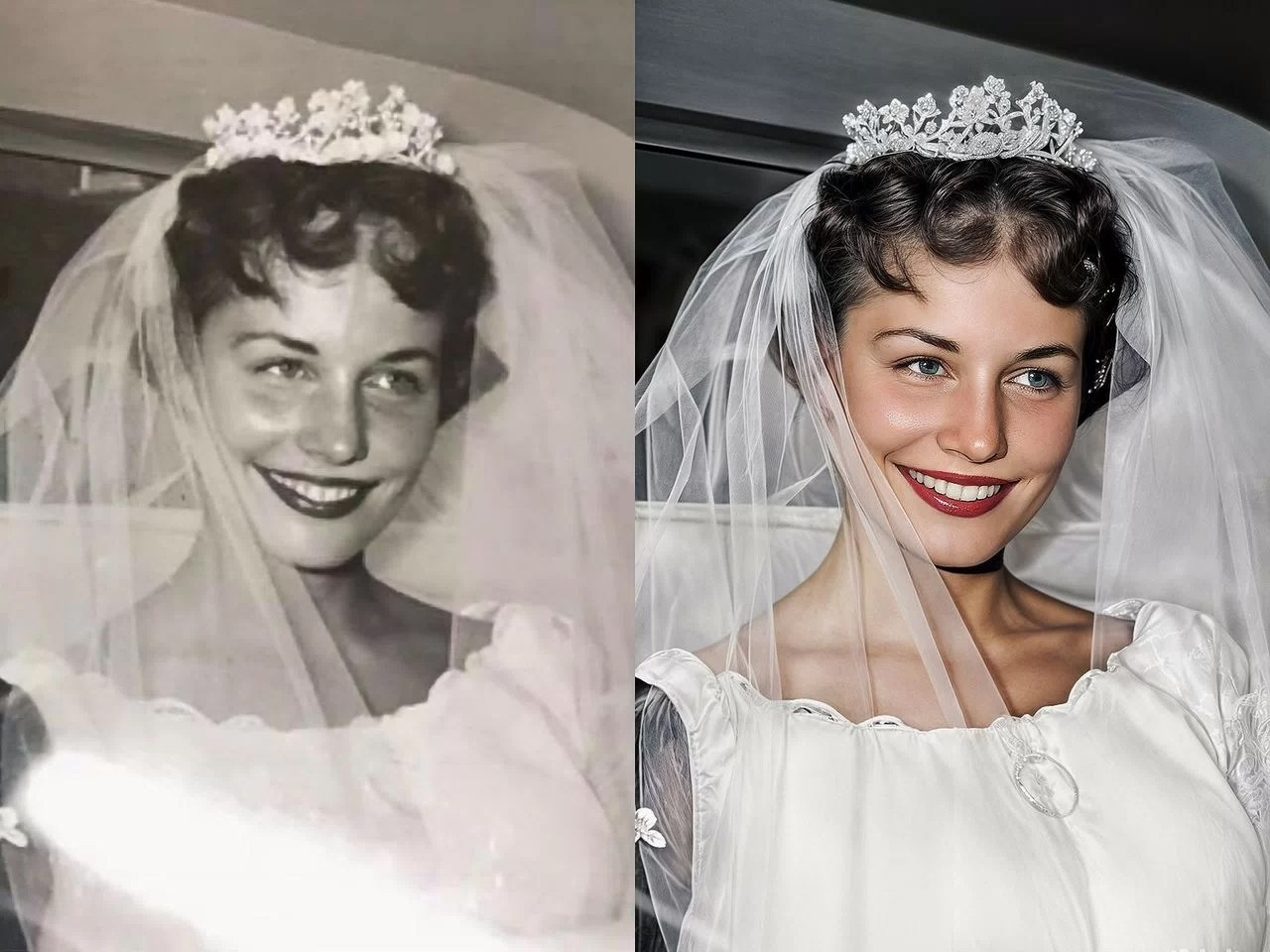 A side-by-side comparison of a vintage bridal photograph and its digitally restored version. On the left, the original black-and-white image shows a smiling bride wearing a delicate tiara and veil, with a classic wedding dress. On the right, the restored version features vibrant colors, highlighting her blue eyes, red lipstick, and white gown, with enhanced details and clarity in the tiara and veil
