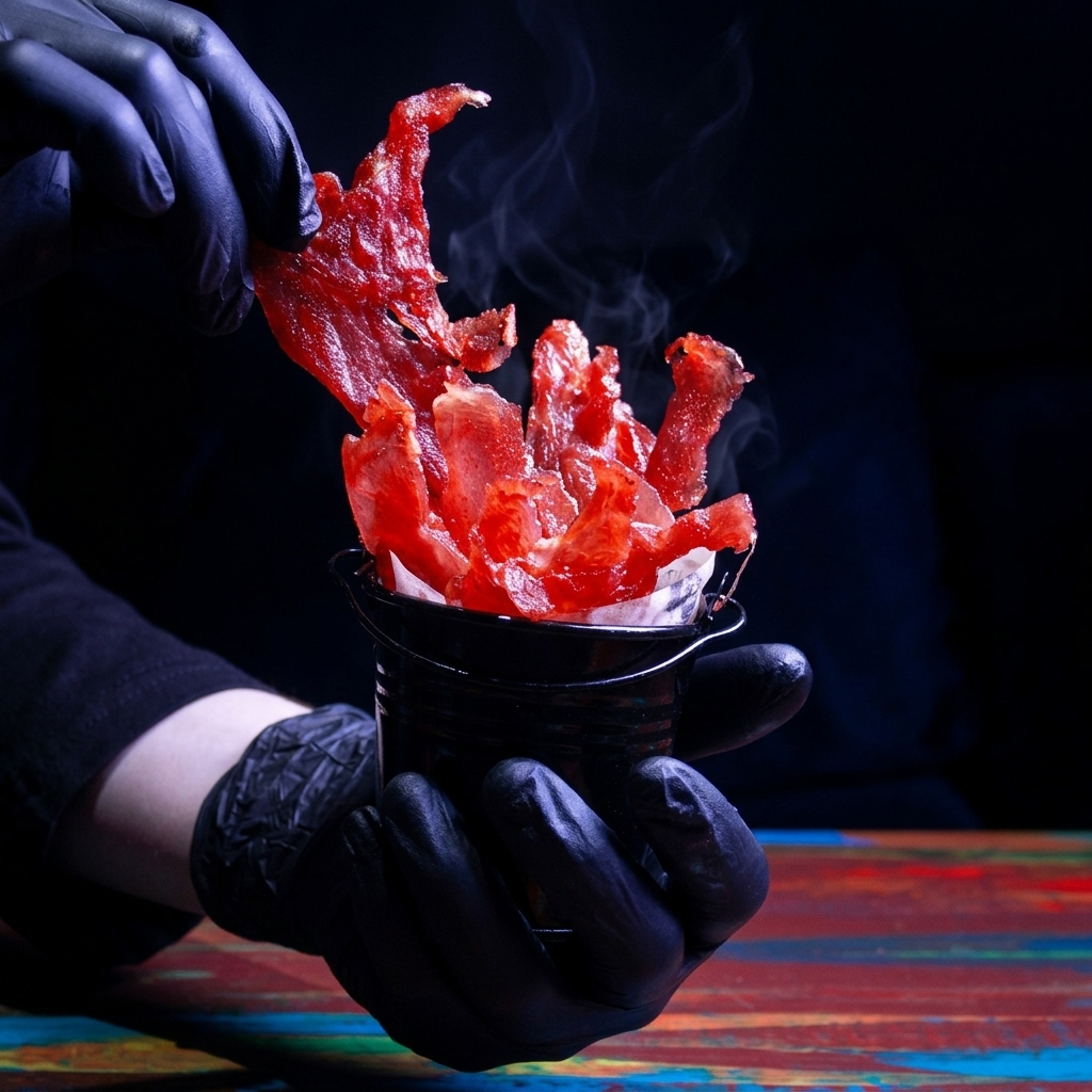 вяленное мясо в черном маленьком ведре