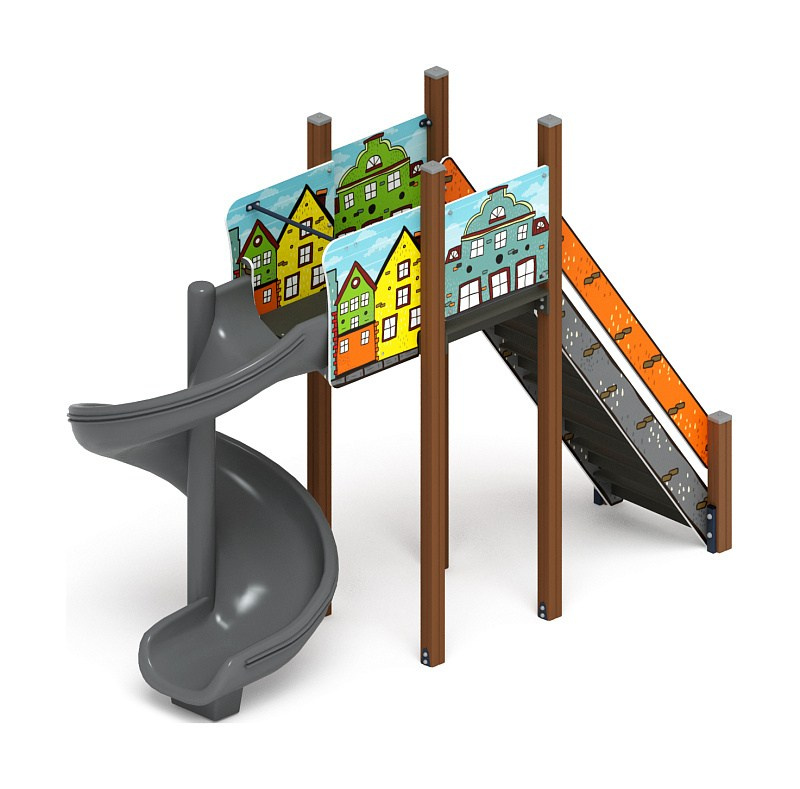 Горка винтовая - ИО 43.01.01-01.И1 - (Город) H=2000 Габариты (ШхДхВ): 4020x1630x3020 Зона безопасности, мм: 7020х4630 Скат горки: H=2000 (винтовой скат) Возрастные ограничения от 5 до 12 лет, весом не более 70 кг