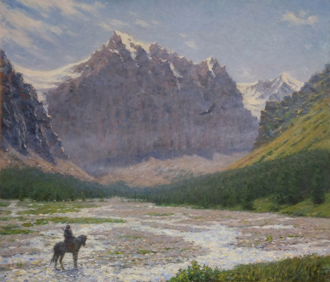 Картина маслом, всадник на фоне Алтайских гор, художник – Лев Феофанов