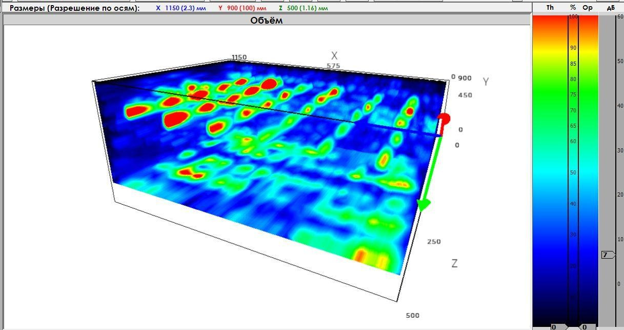 Пространственная визуализация внутренней структуры бетона фрагмента монолитной железобетонной плиты перекрытия. 