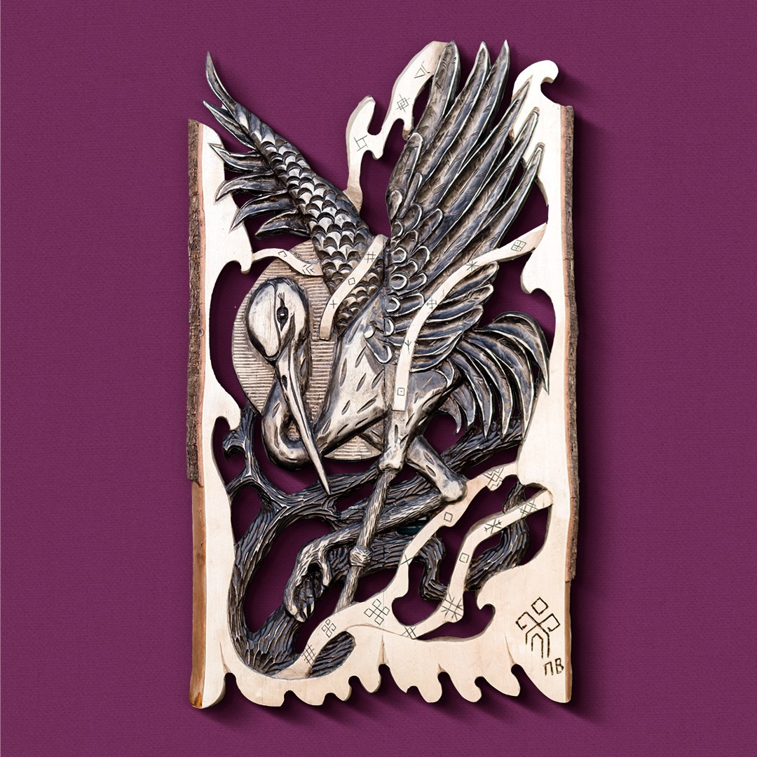 Аист- Резная картина из дереву