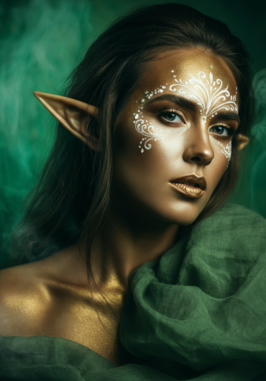 Девушка эльфийка косплей фотосессия с зелёным дымом и тканью