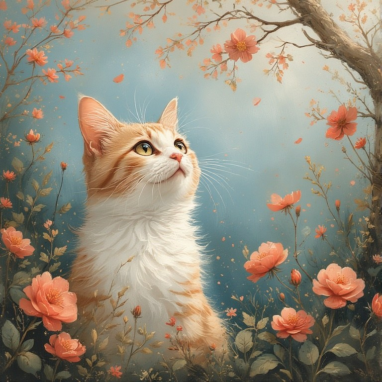 Cat among blooming branches – spring illustration of a ginger kitten with delicate pink shades and soft light.