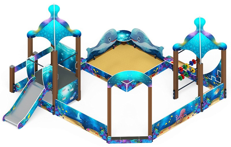 Песочный дворик с горкой Морской - ИО 6.17.01-01 H=750 Габариты (ШхДхВ): 4450x5200x3040 Зона безопасности, мм: 6450х7700