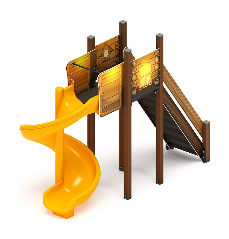 Горка винтовая - ИО 43.01.01-02.И1 - (ЭКО) H=2000 Габариты (ШхДхВ): 4020x1630x3020 Зона безопасности, мм: 7020х4630 Скат горки: H=2000 (винтовой скат) Возрастные ограничения от 5 до 12 лет, весом не более 70 кг