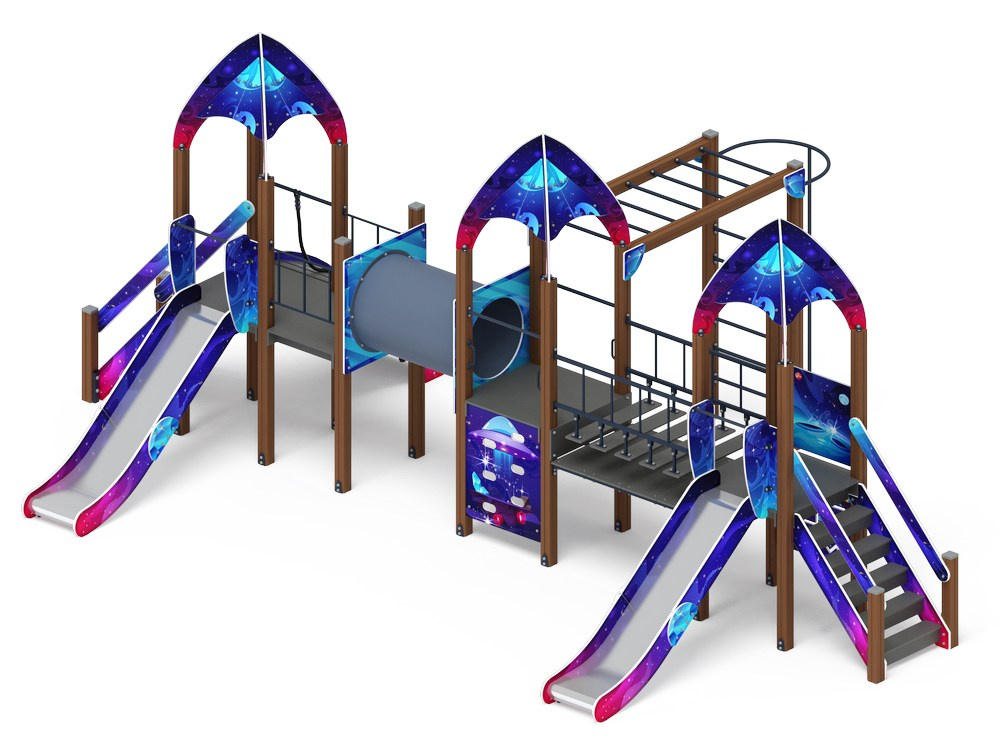 Космопорт (Космос) - ДИК 2.14.05-02 - Игровой комплекс H=1200                                                                                             Габариты (ШхДхВ): 8440x5860x3500                                                                                                                                                                       Зона безопасности, мм: 11440х9360                                                                                                                                                                     Скат горки: H=1200 (металлический скат)                                                                                                                                          Возрастные ограничения от 5 до 12 лет