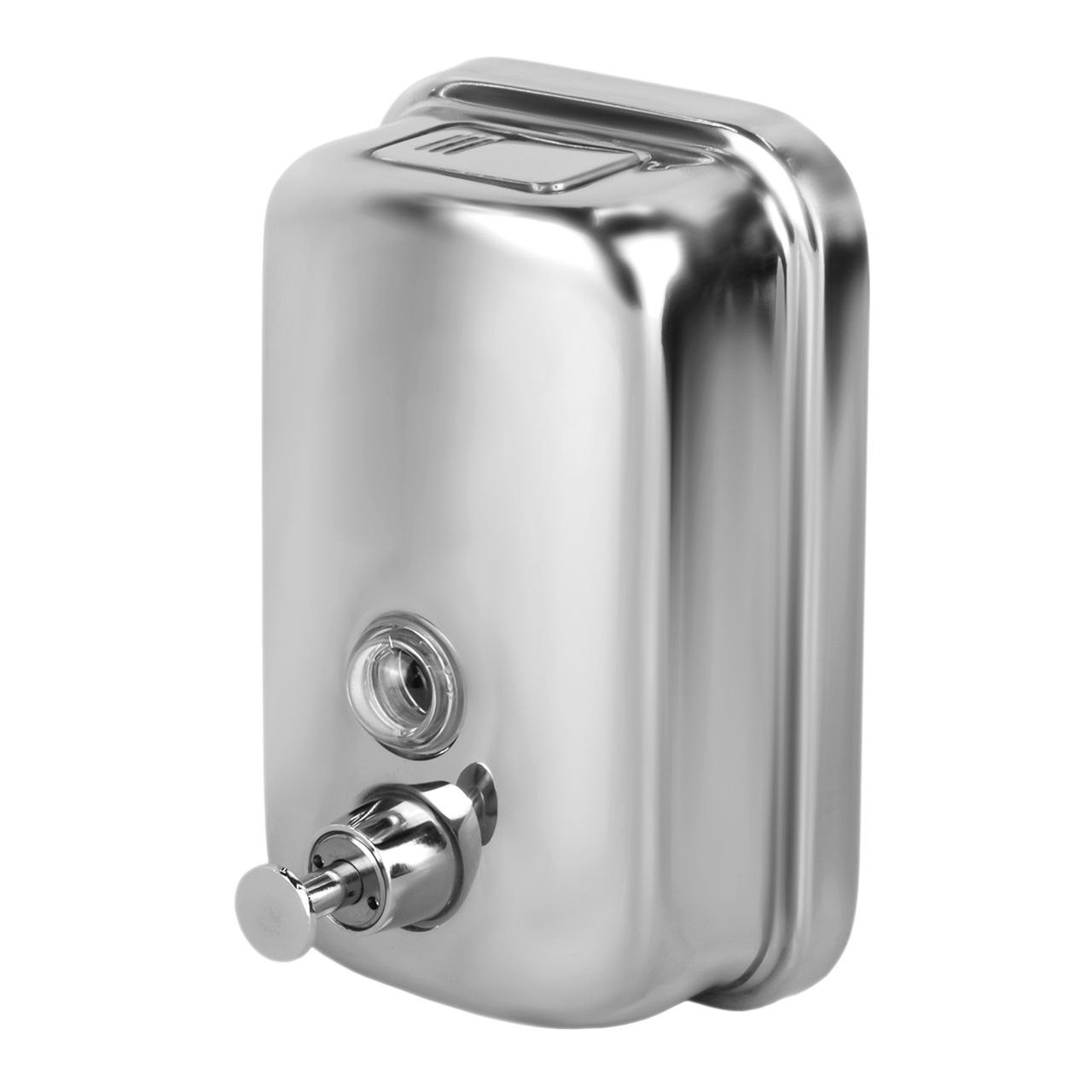 Предметная фотография.Серебристый дозатор для мыла на белом фоне