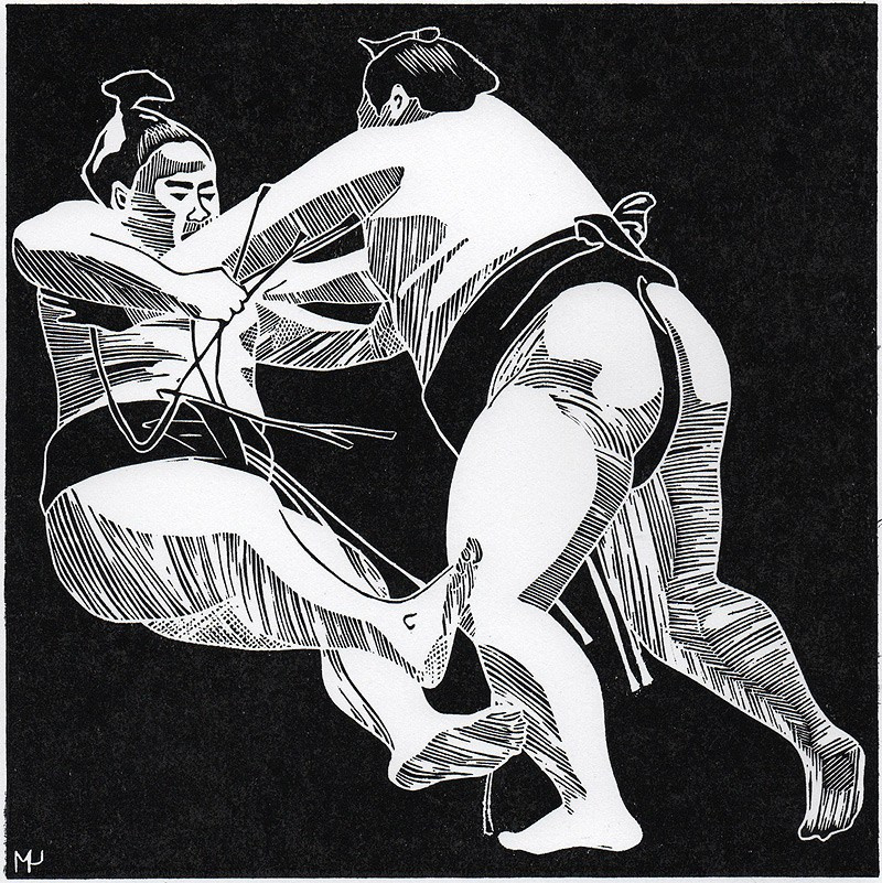 Серия линогравюр Grand Sumo Highlights  по мотивам турниров сумо. Авторская линогравюра, ручная печать на бумаге Ватман Гознак. 大相撲