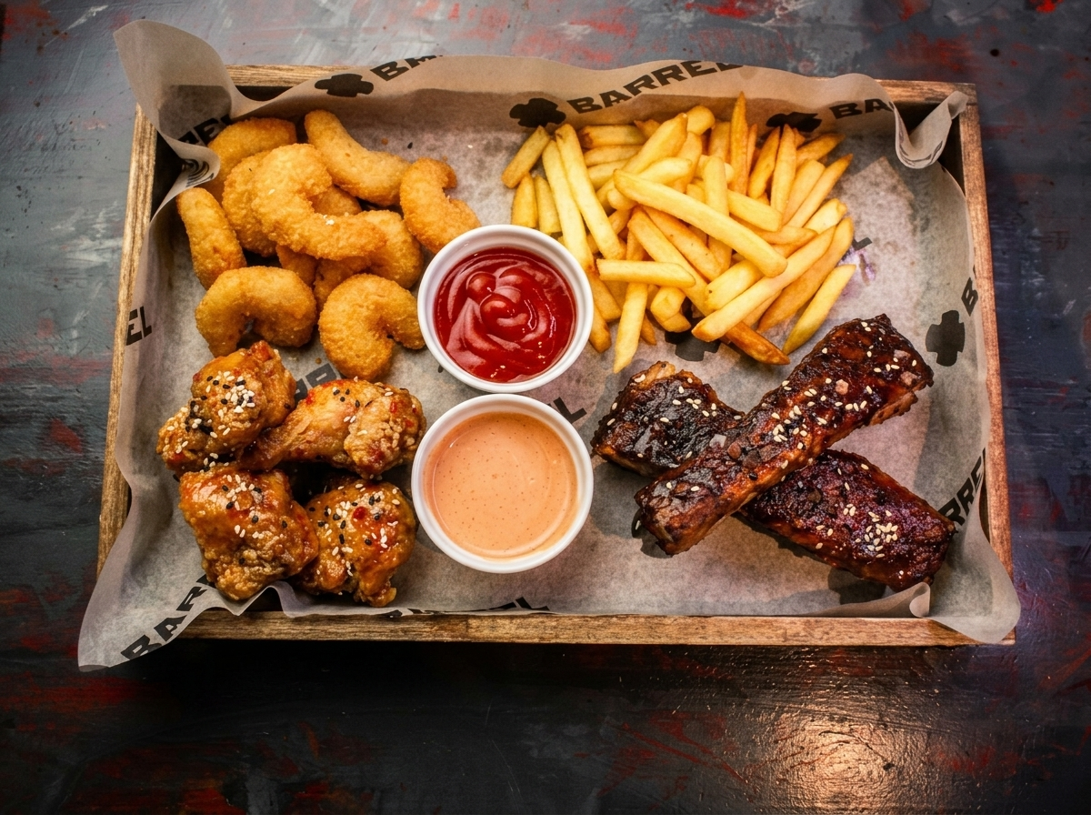 Набор закусок из куриных крыльев, картошки фри, свиных рёбер и =креветок в панировке с двумя соусами