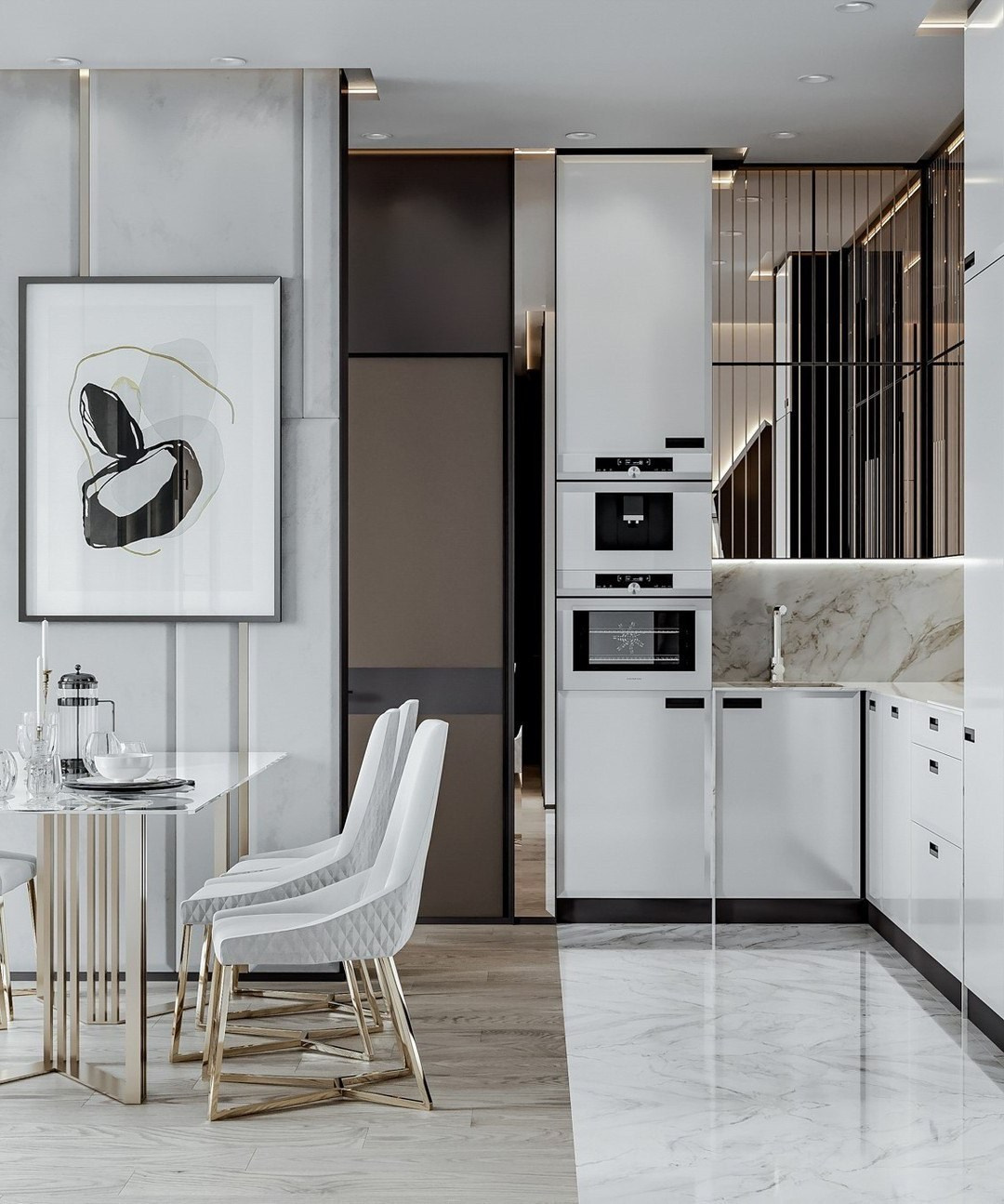 Современная кухня с белыми фасадами, встроенной техникой и мраморным фартуком | Валерия Котович