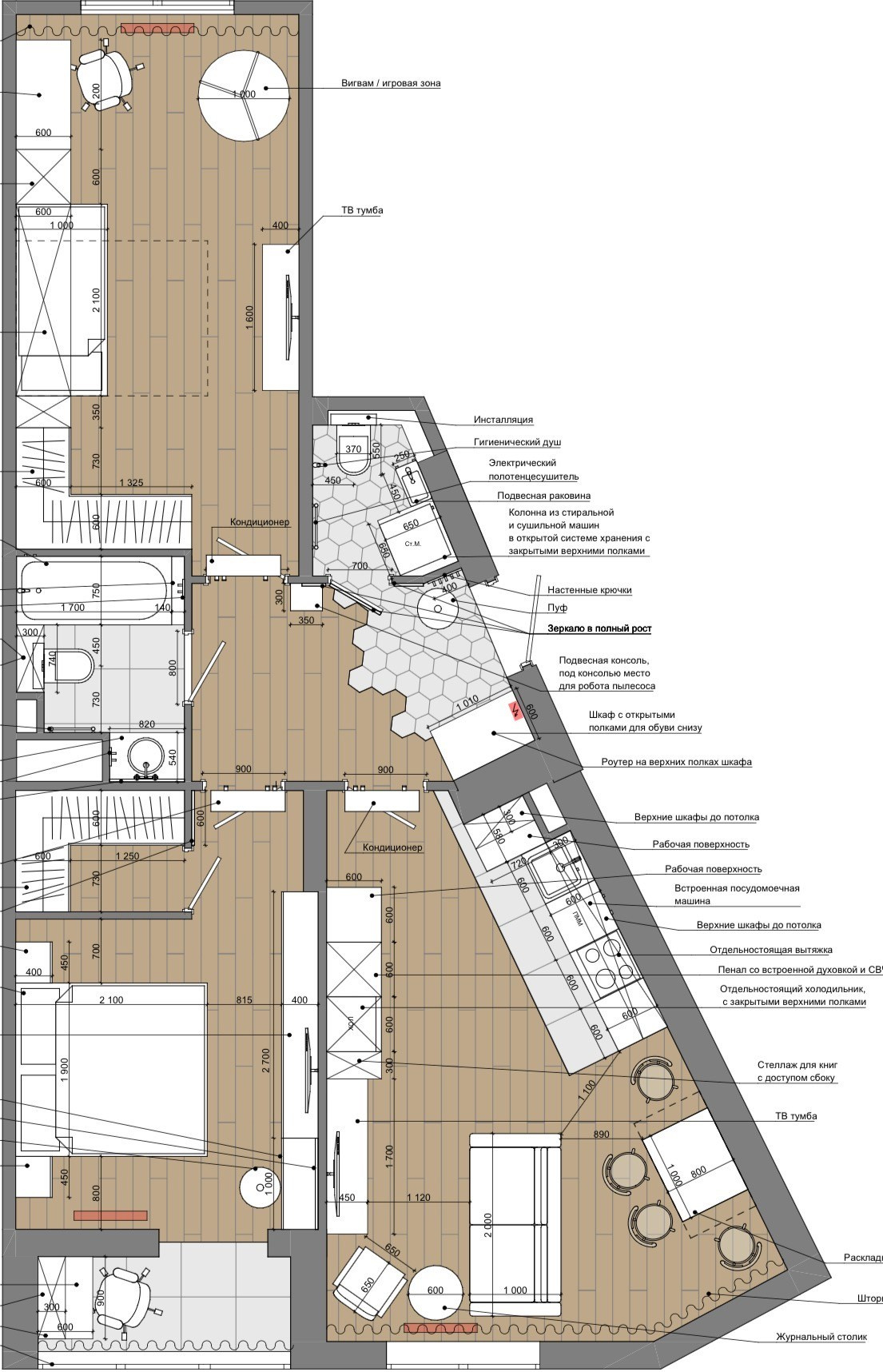 Трёшка 74 м² в Эко Стиле со сложной планировкой