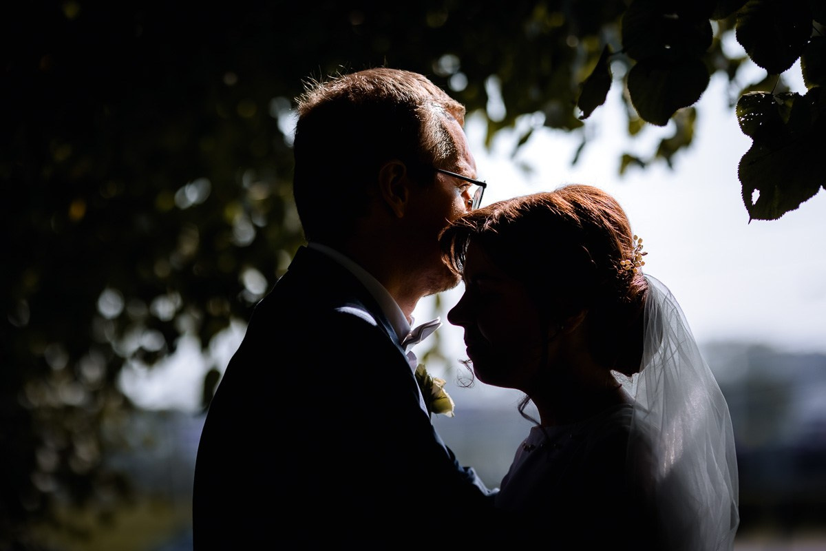 Жених целует невесту в лоб невесту под фатой на аллее парка ЗАГСа Красносельского района СПб, поясной план.