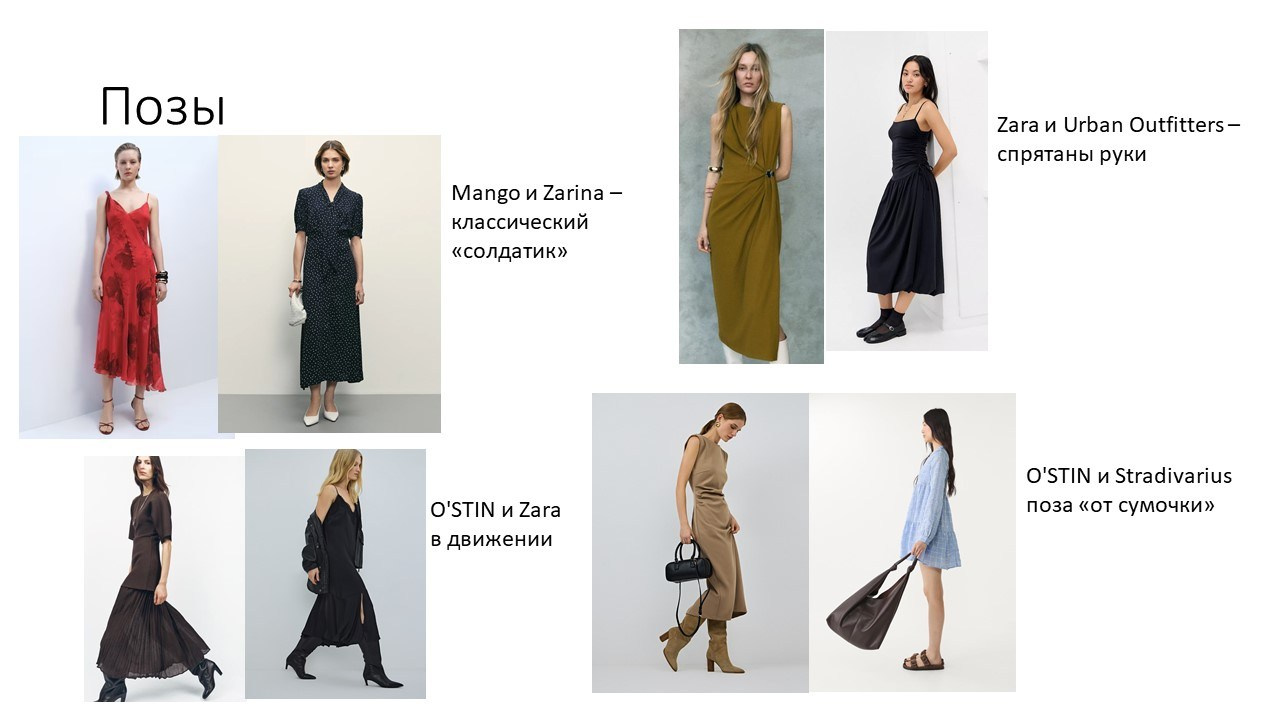 На изображении представлены модели в платьях различных брендов. В верхней части изображения слева направо: модель в красном платье от бренда "Mango", модель в черном платье с белым узором от бренда "Zara", модель в коричневом платье от бренда "Mango" и модель в черном платье от бренда "Urban Outfitters". В нижней части изображения слева направо: модель в черном платье от бренда "O'STIN", модель в бежевом платье от бренда "Zara", модель в бежевом платье от бренда "O'STIN" и модель в синем платье от бренда "Stradivarius".