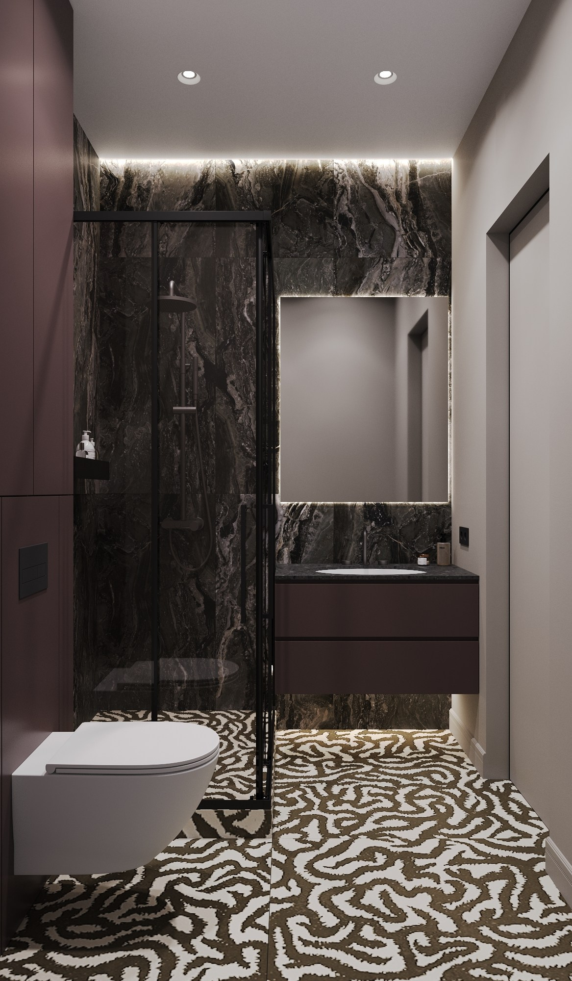 дизайн интерьера душевой комнаты с акцентной плиткой на полу, сантехника в цвете графит, сложные пурпурные тона