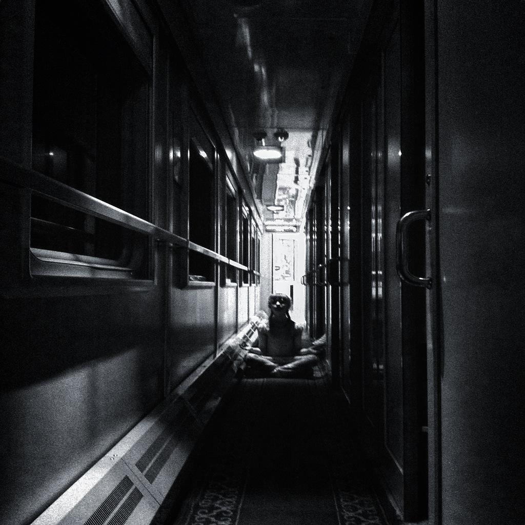 Девочка медитирует в поезде ночью.