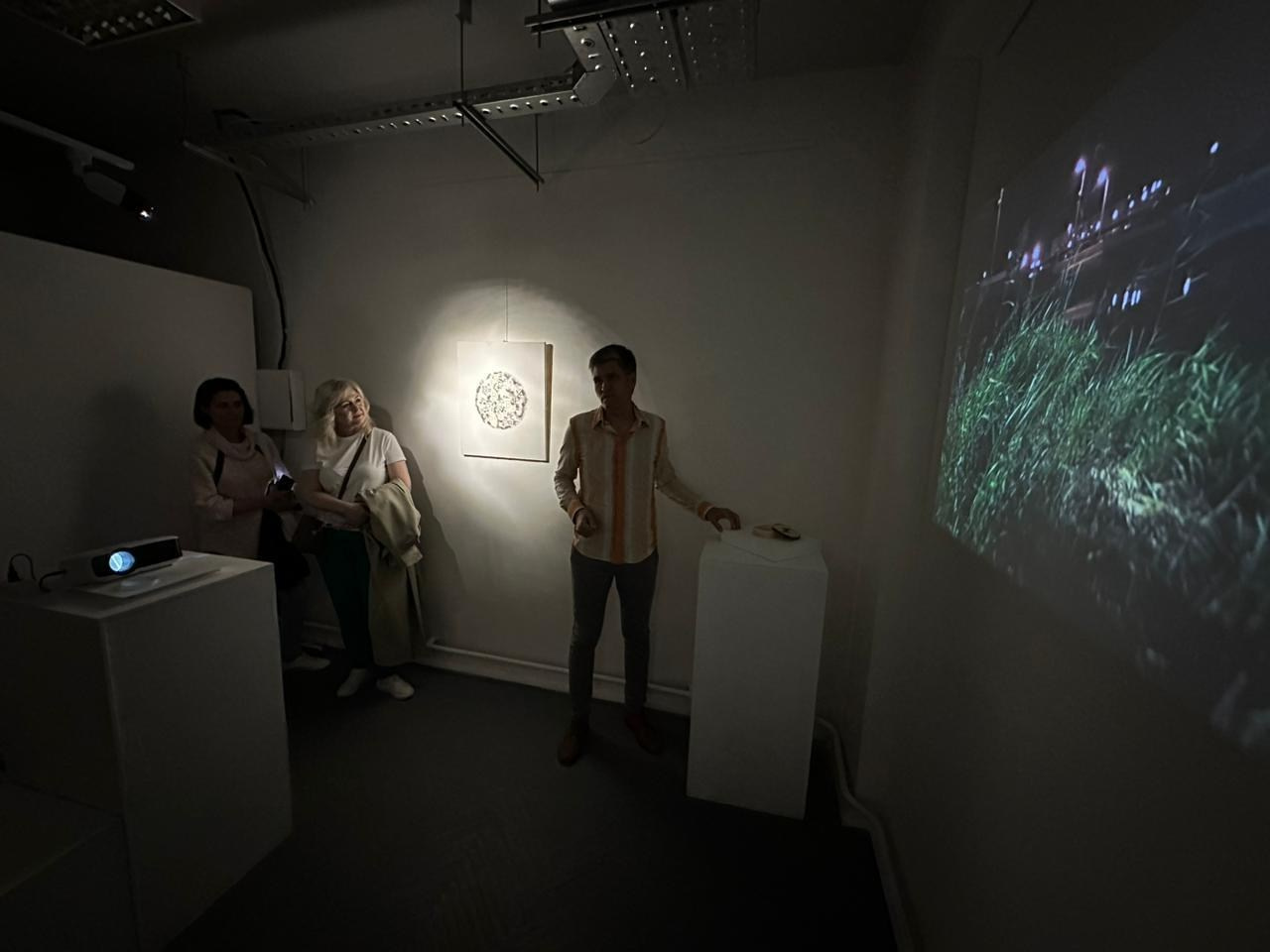 Экспозиция на выставке «Облунение», в галерее К320 г. Москва, видео на экране. 