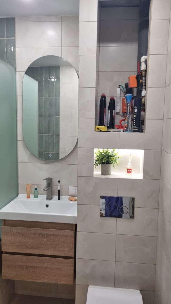 Ванная комната (ул. Нигматуллина д. 11/84). Ремонт санузла, туалета, ванной под ключ в Казани. Укладка плитки