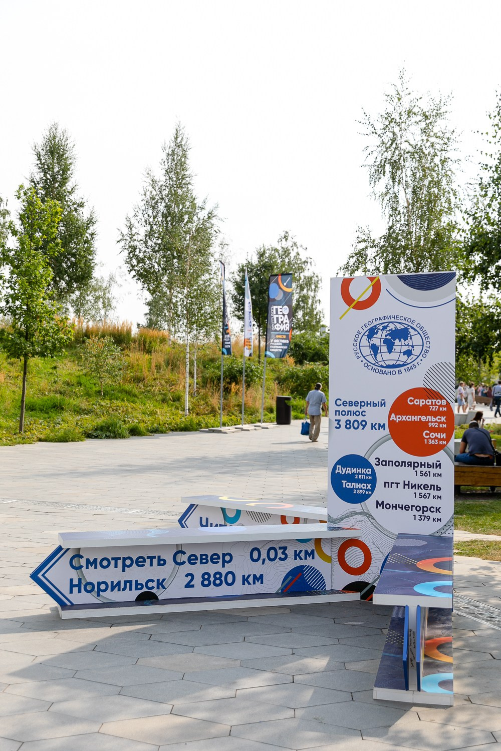 Сбоку на аллее парка Рекламные указатели.