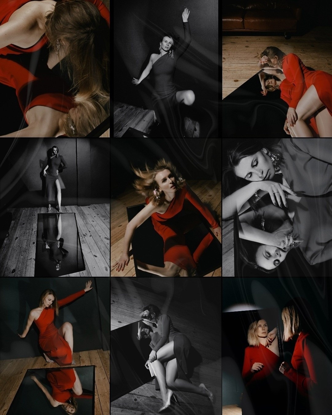 девушка в красном платье у зеркала