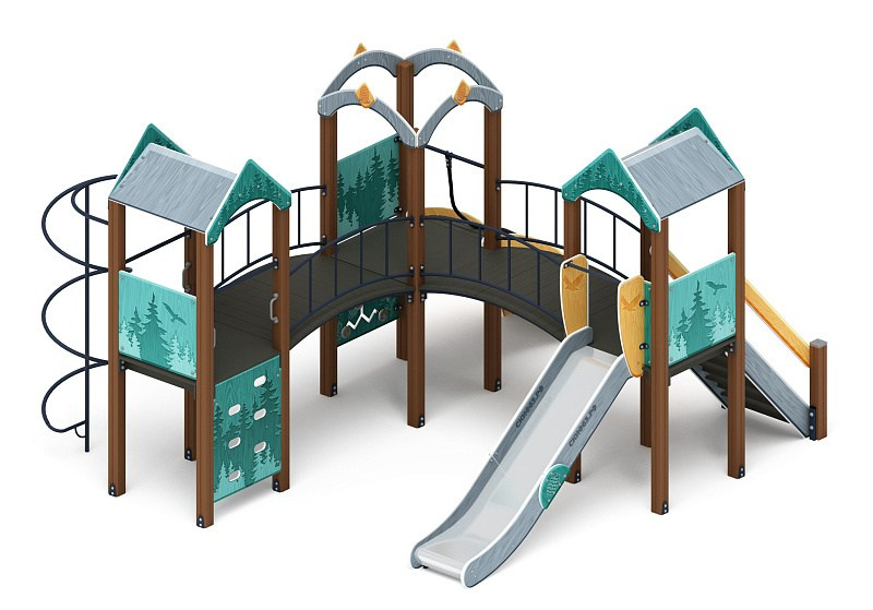 Городок (Тайга) - ДИК 2.01.3.03-03 - Игровой комплекс H=1200                                                                                                             Габариты (ШхДхВ): 4820x4500x3000                                                                                                                                                                     Зона безопасности, мм: 7910х7500                                                                                                                                                                                 Скат горки: H=1200 (металлический скат)