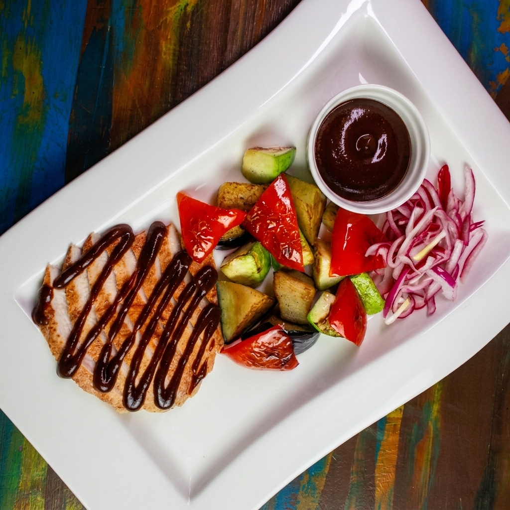 Куринная грудка с овощами гриль и соусом терияки на белой тарелке