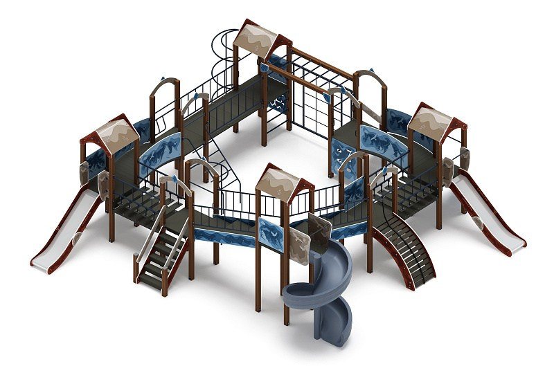 Остров детства (Алтай) - ДИК 2.01.8.02-04.И1 - Игровой комплекс H=1200 H=2000                                                                                              Габариты (ШхДхВ): 9570x9770x4000                                                                                                                                                                   Зона безопасности, мм: 13070х13270                                                                                                                                                                     Скат горки: H=1200 (металлический скат) / H=2000 (винтовой скат)