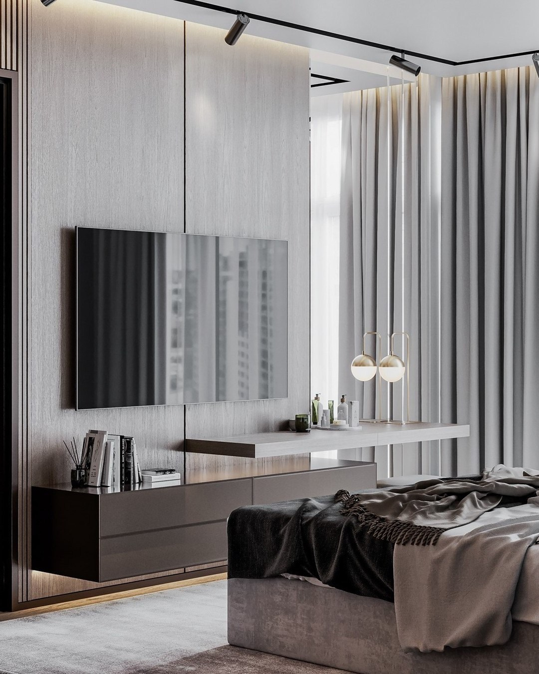 Современная спальня с ТВ-зоной, серыми шторами и подвесной консолью | Валерия Котович