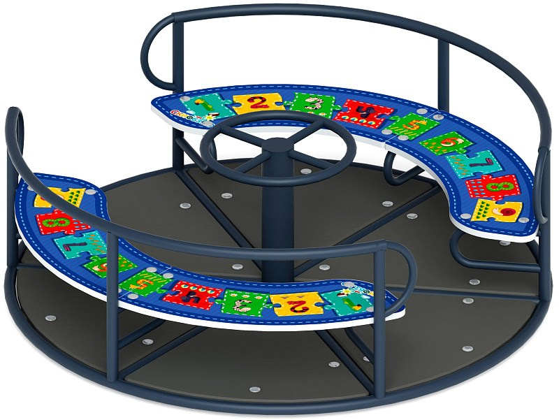 Карусель с рулем (Арифметика) - ИО 30.01.04-13.И1                                                                                                                                              Габариты (ШхДхВ): 1600х1600х700                                                                                                                                                                  Зона безопасности, мм: 5600х5600 D=5600                                                                                                                                           Возрастные ограничения весом не более 70 кг