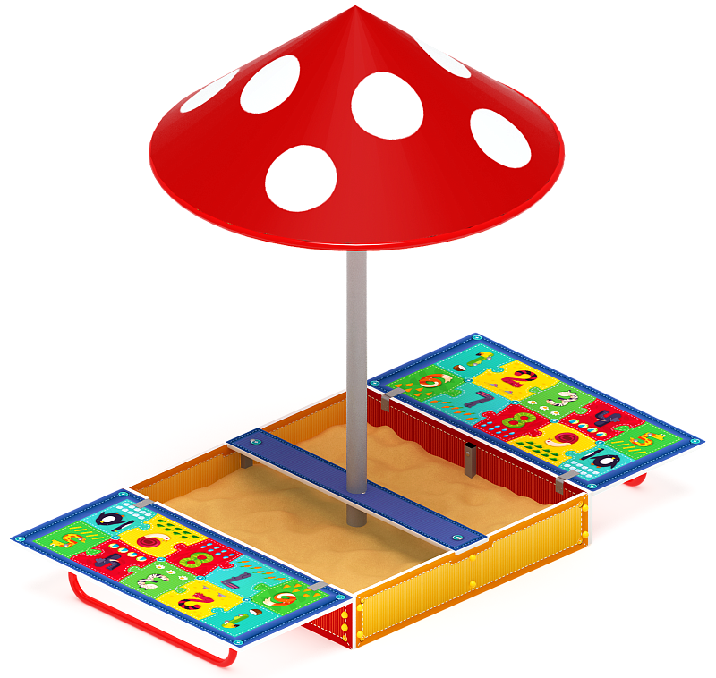 Песочница с крышкой средняя и навесом Грибок (Арифметика) - ИО 5.01.10-03 Габариты (ШхДхВ): в закрытом виде 1200х1240х2100 в открытом виде 2380х1200х2100 Зона безопасности, мм: 3380х2200