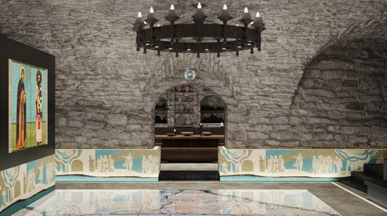 Эскиз керамического панно для оформления интерьера музея на территории Мирожского монастыря. Витраж и мозаика на заказ в Санкт-Петербурге