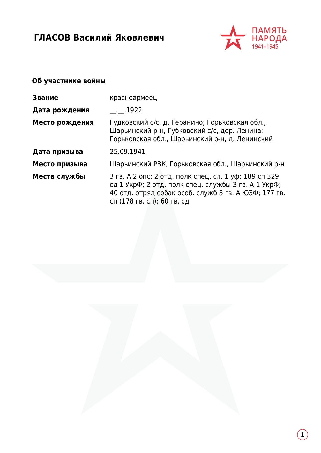 ГЛАСОВ Василий Яковлевич, 1922 г. р. ефрейтор; красноармеец,. НРОО КЦ "Собаковод"