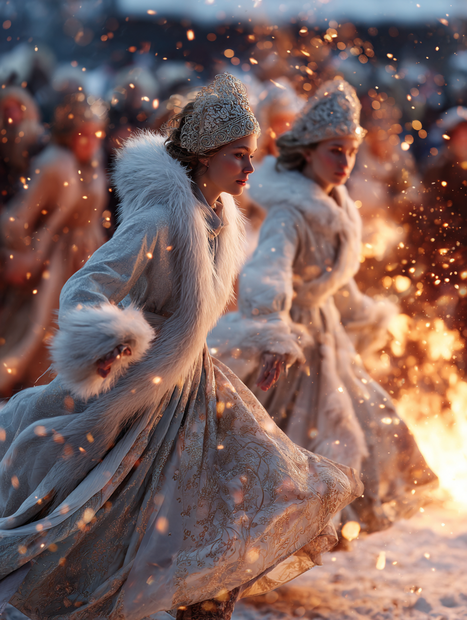 AI художественный портрет в зимнем народном стиле, визуальная концепция Масленицы