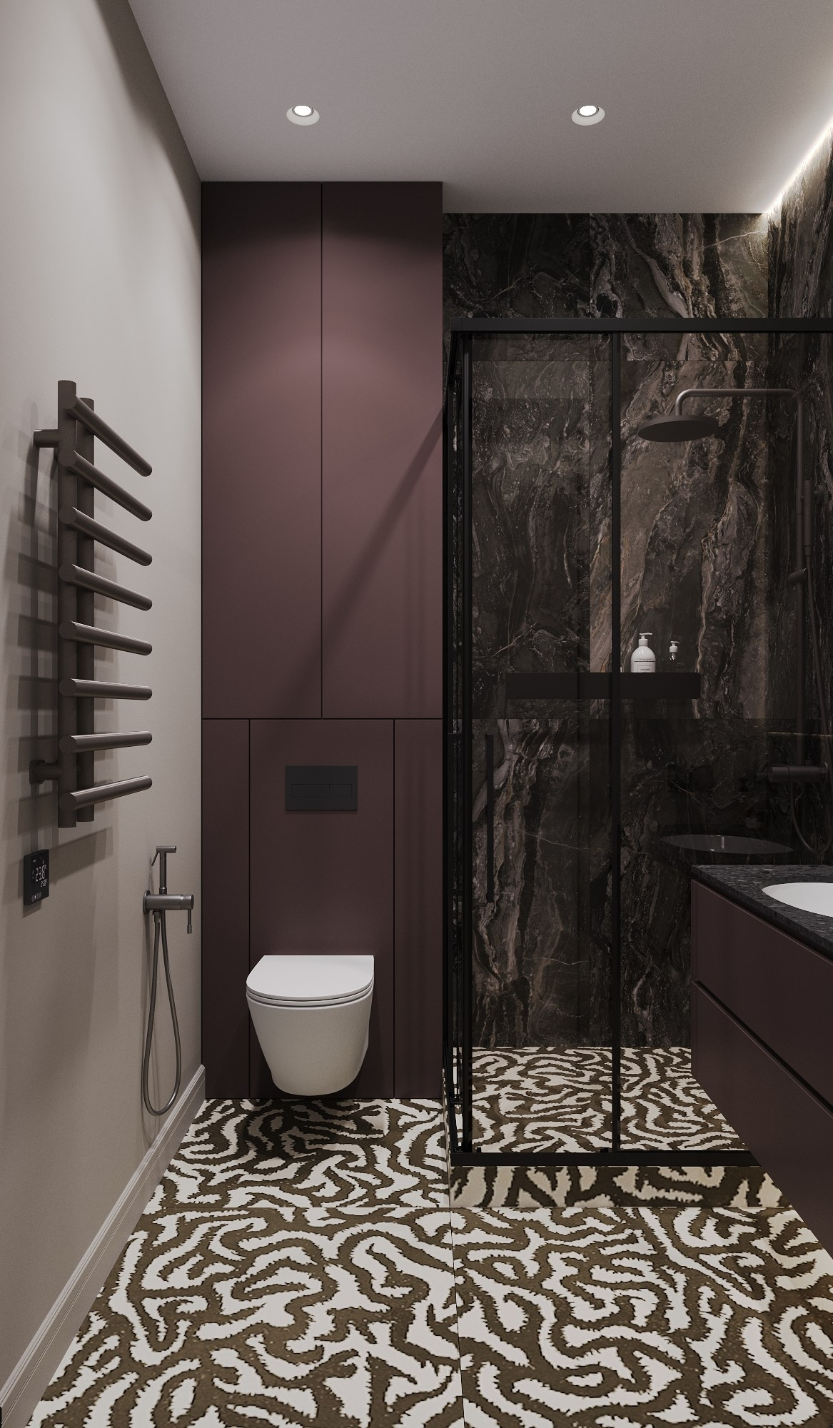 дизайн интерьера душевой комнаты с акцентной плиткой на полу, сантехника в цвете графит, сложные пурпурные тона