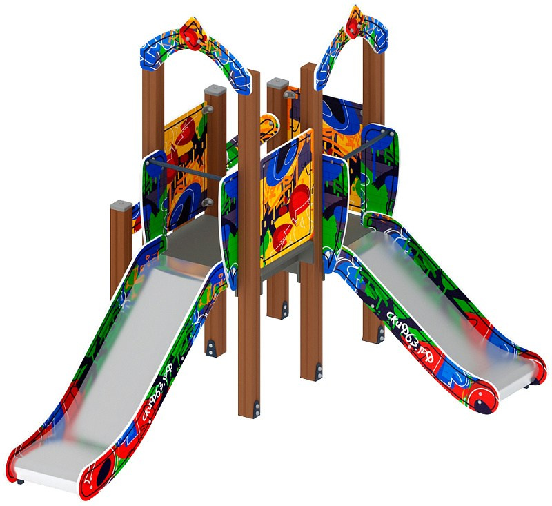 Карапуз (Граффити) - ДИК 1.001.07-03 - Игровой комплекс Н=750 Н=900                                                                                                         Габариты (ШхДхВ): 2670x3140x2500                                                                                                                                                                     Зона безопасности, мм: 6640х6170                                                                                                                                                                          Скат горки: H=750 (металлический скат) / H=900 (металлический скат)