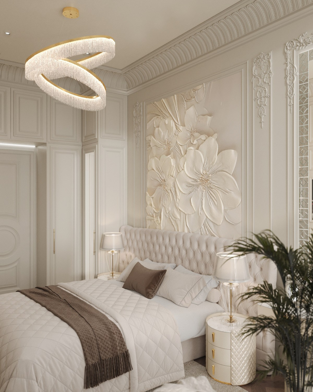 Визуализация роскошной светлой спальни с объёмной цветочной панелью на стене в ЖК Москва Сити