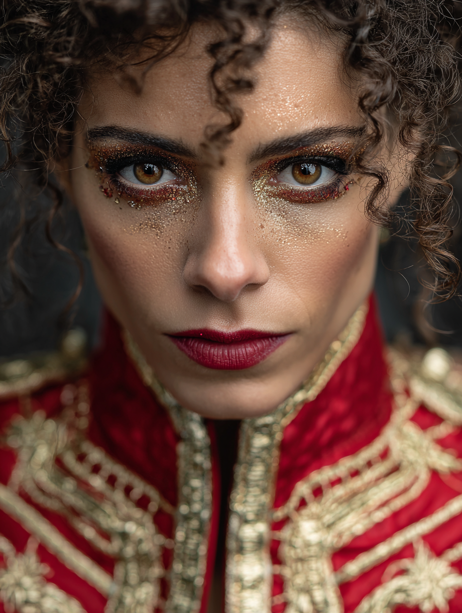 AI fashion портрет в цирковой эстетике, драматичный свет и золотой грим