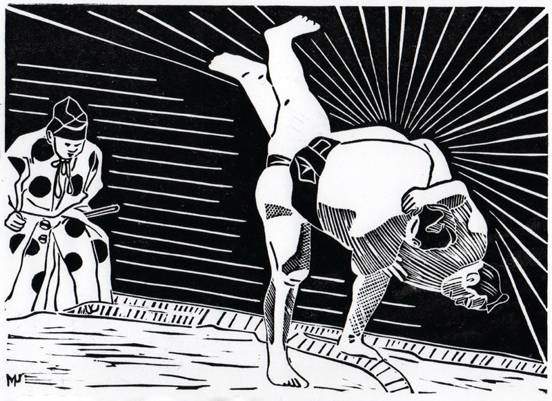 Серия линогравюр Grand Sumo Highlights  по мотивам турниров сумо. Авторская линогравюра, ручная печать на бумаге Ватман Гознак. 大相撲