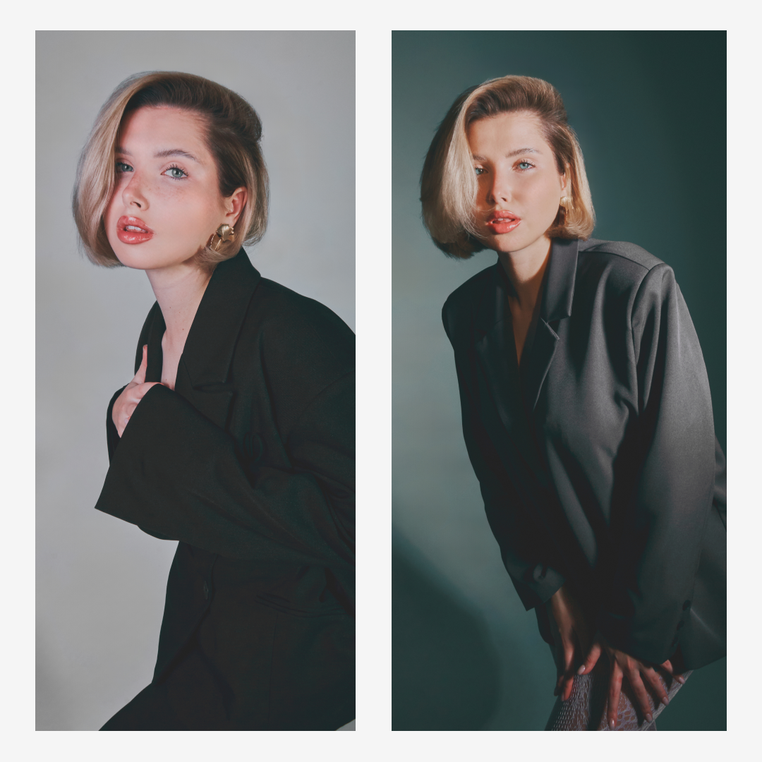 Студийная бьюти-съёмка модели в чёрном жакете