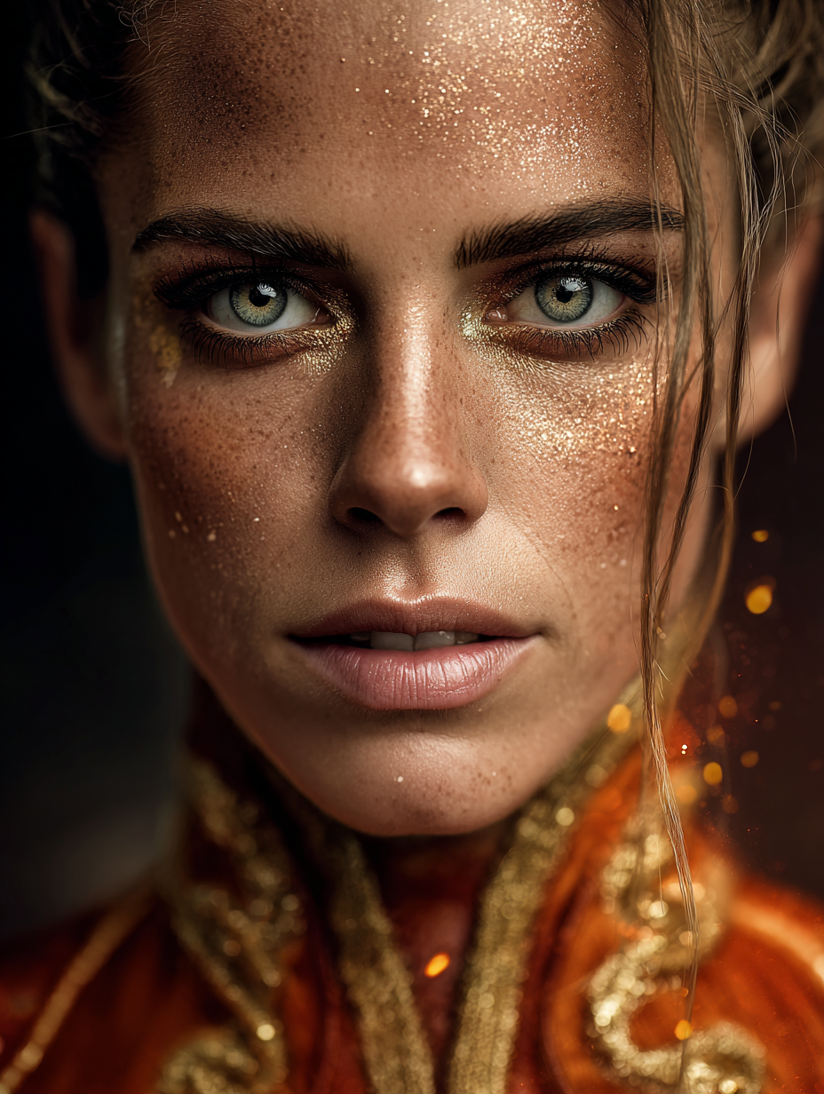 AI fashion портрет в цирковой эстетике, драматичный свет и золотой грим