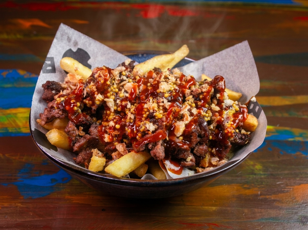 Картошка фри с говяжьем фаршем, политая соусом