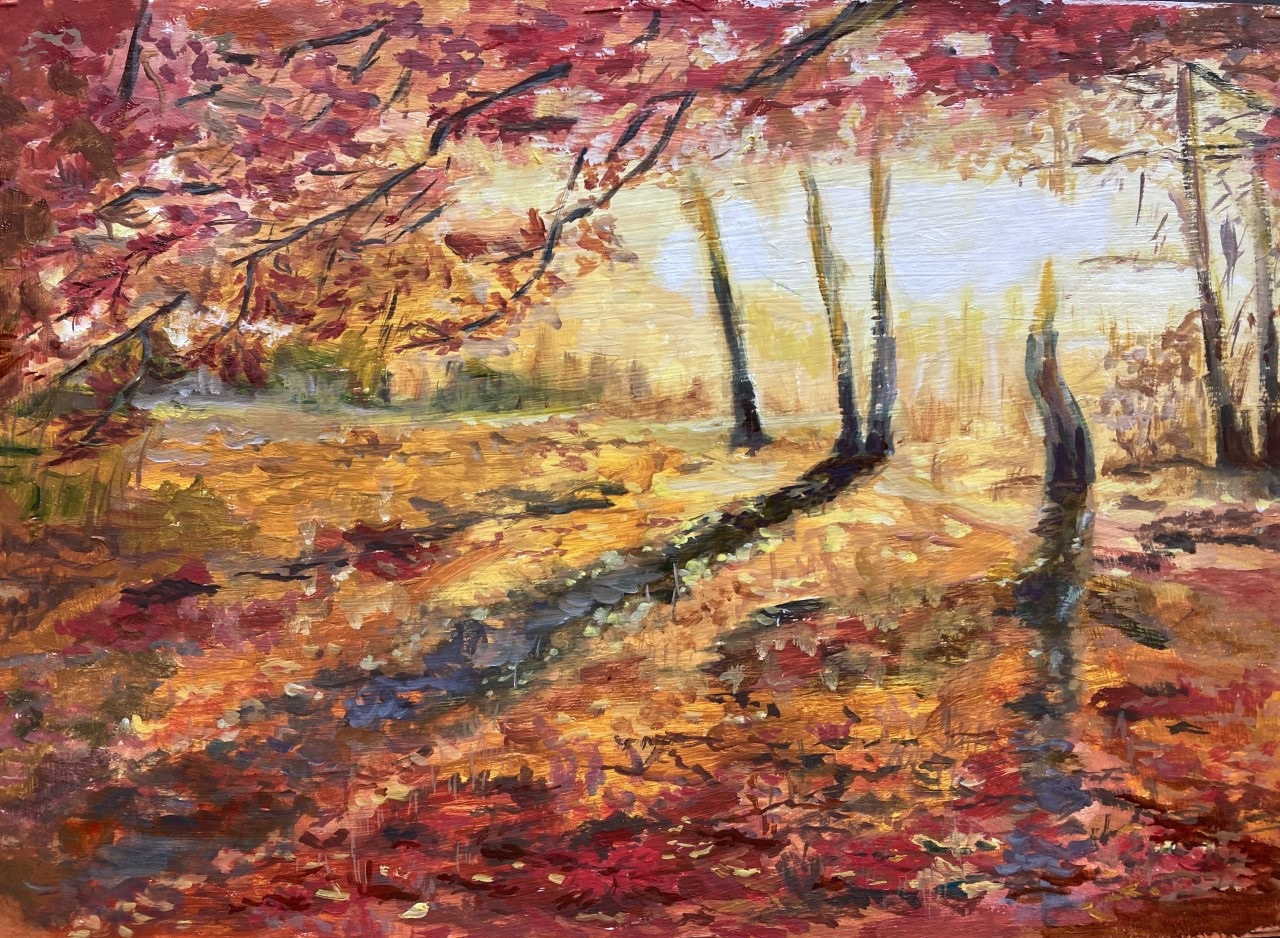 ярко красные. багряные краски осени. солнце освещает крону деревьев снизу. усиливая и без того яркие краски осени