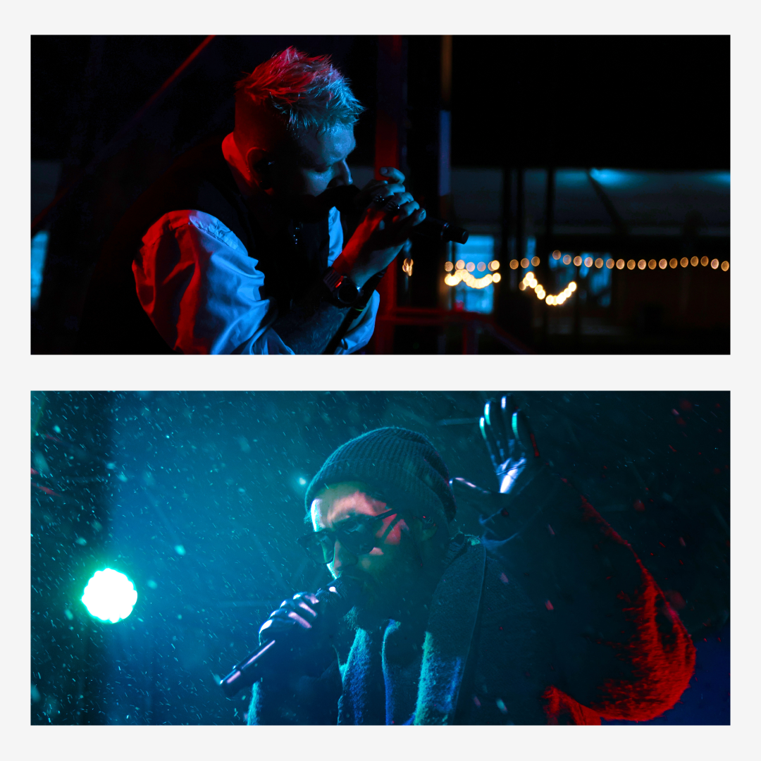 Концертная съёмка вокалистов на сцене с атмосферным светом