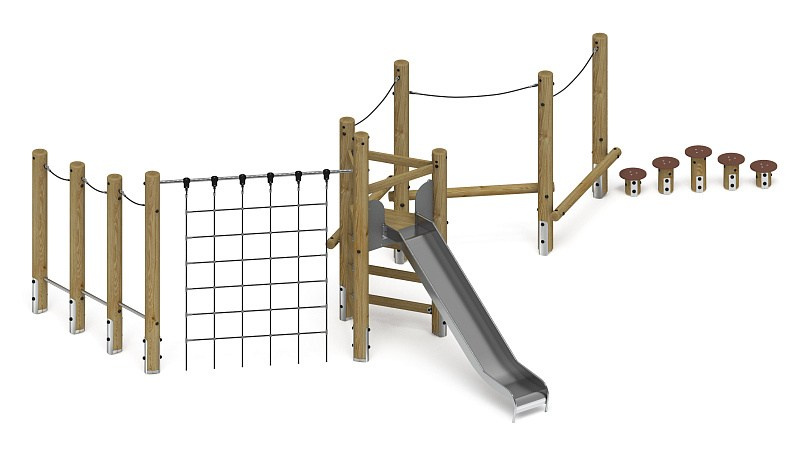 Игровой комплекс (лиственница орех) ДИК 2.24.07-Л.И1.02 Габариты (ШхДхВ): 9000х5900х2900 Зона безопасности, мм: 12000х9400 Высота падения 1500 мм. Возрастные ограничения от 5 до 12 лет.
