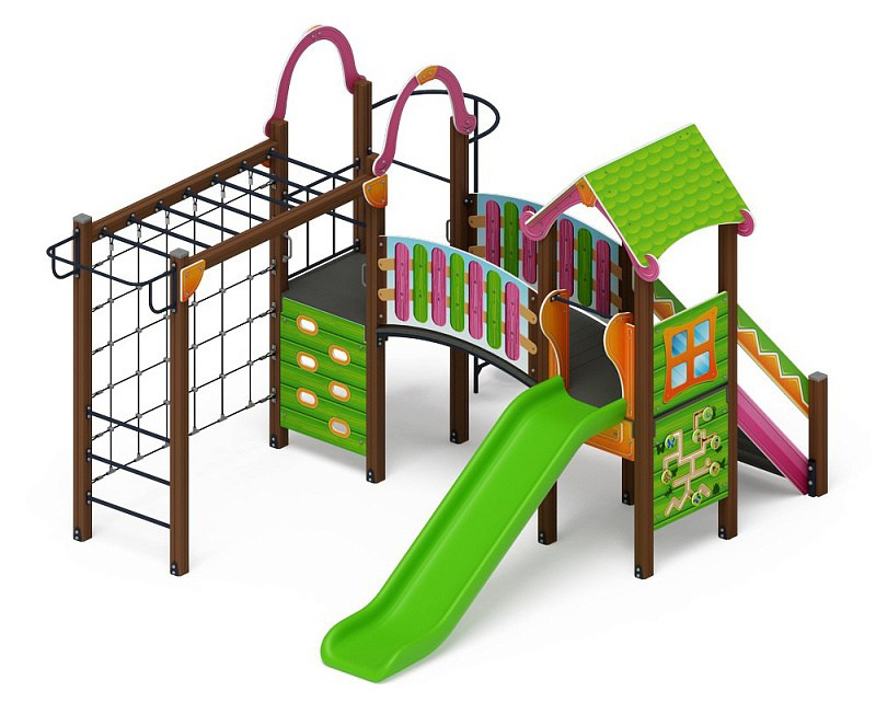 Лукоморье - ДИК 2.25.06-11 - Игровой комплекс H=1200                                                                                                                      Габариты (ШхДхВ): 4590x3680x3040                                                                                                                                                                     Зона безопасности, мм: 8090х6680                                                                                                                                                                        Скат горки: H=1200 (пластиковый скат)