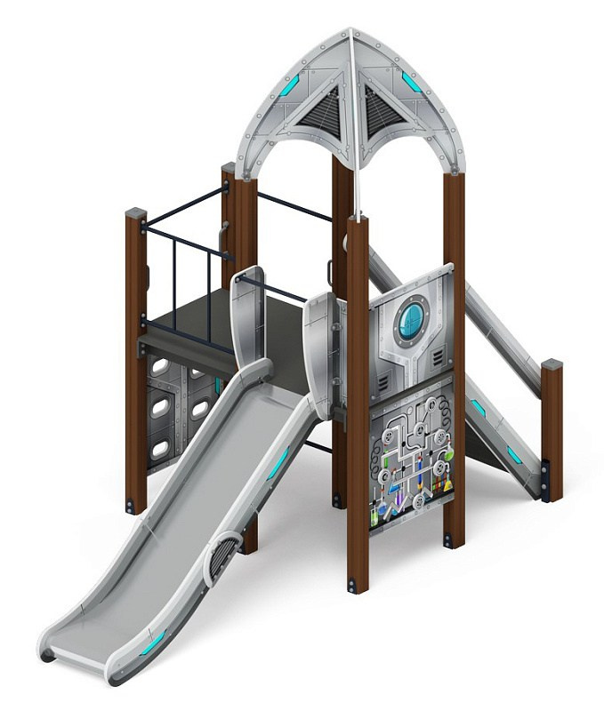 Космопорт (Серый) - ДИК 2.14.08-01 - Игровой комплекс H=1200                                                                                                    Габариты (ШхДхВ): 4075x1900x3500                                                                                                                                                                       Зона безопасности, мм: 7575х4900                                                                                                                                                                     Скат горки: H=1200 (металлический скат)                                                                                                                                         Возрастные ограничения от 5 до 12 лет