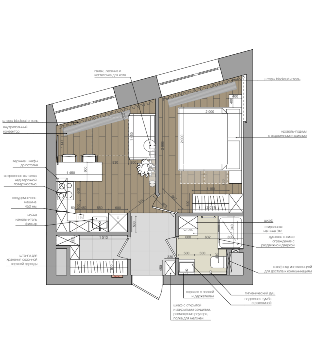 Однушка со сложной геометрией помещения